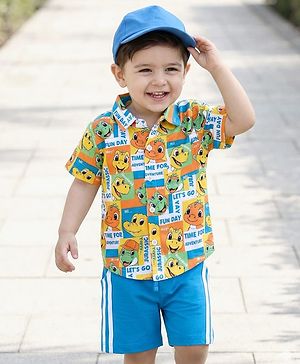 Babyhug Single Jersey Knit Half Sleeves Shirt & Shorts Set Dino Print- White & Blue