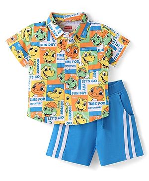 Babyhug Single Jersey Knit Half Sleeves Shirt & Shorts Set Dino Print- White & Blue