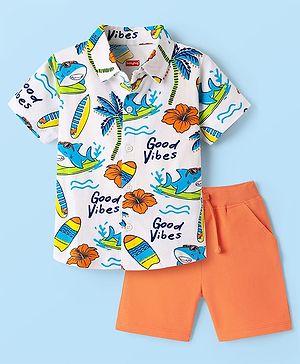 Babyhug 100% Cotton Knit Half Sleeves Shirt With Beach Theme Print & Short Set - White & Orange