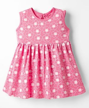 Babyhug Single Jersey Knit Sleeveless Frock with Floral Print - Pink