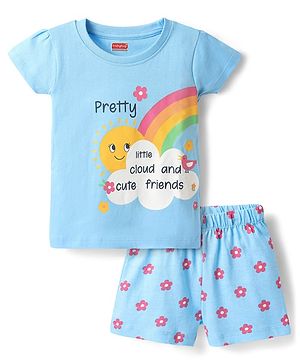 Babyhug Cotton Knit Half Sleeves Floral & Rainbow Printed Shorts Night Suit - Light Blue