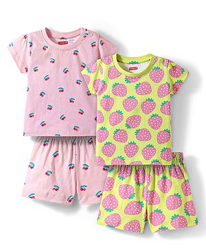Babyhug Cotton Knit Half Sleeves Co-ords Shorts Night Wear With Fruit Print Pack Of 2 - Purple & Pink