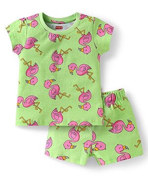 Babyhug Cotton  Knit  Half Sleeves Shorts Night Suit with Flamingo Print - Green