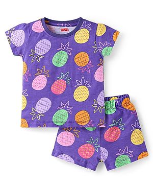 Babyhug Cotton Knit Half Sleeves Co-ords Short Night Suit with Pineapple Print - Purple