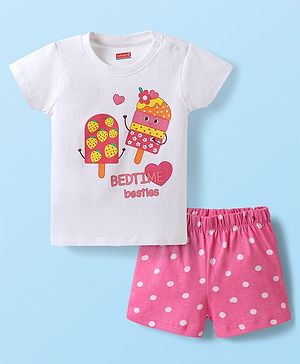 Babyhug Cotton Knit Half Sleeves Shorts Night Suit with Popsicle Print - White & Pink