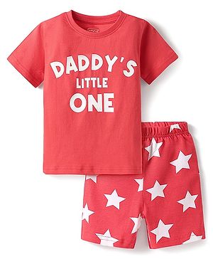 Babyhug Cotton Knit Half Sleeves Shorts Night Suit with Text & Stars Print - Red