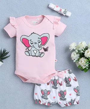 BUMZEE Cotton Knit Half Sleeves
                              Elephant Printed Bodysuit & Shorts Set
                              With Headband - Pink & White