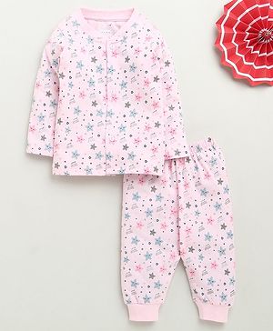 BUMZEE Cotton Knit Full Sleeves Co-ords Night Suit with Stars Print - Pink