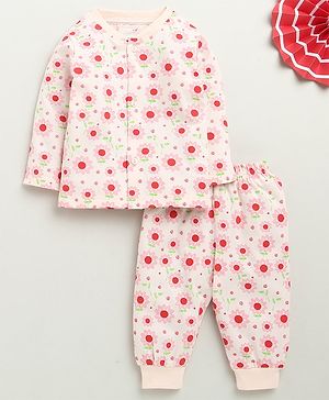 BUMZEE Cotton Knit Full Sleeves Floral Printed Night Suit - Peach