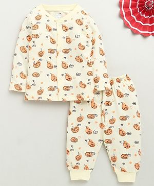 BUMZEE Cotton Knit Full Sleeves Co-ords Night Suit with Kitty Print - Cream
