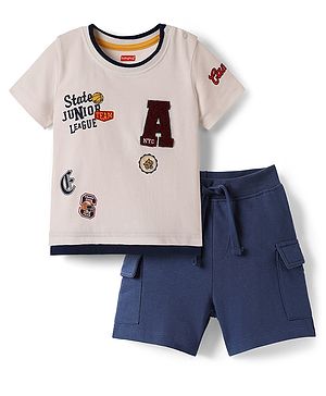 Babyhug Cotton Knit Half Sleeves T-Shirt & Shorts Set with Sports Theme Print & Patch Detailing - White & Blue
