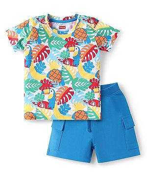 Babyhug Single Jersey Knit Half Sleeves T-Shirt & Shorts Set Toucan Print- White & Blue