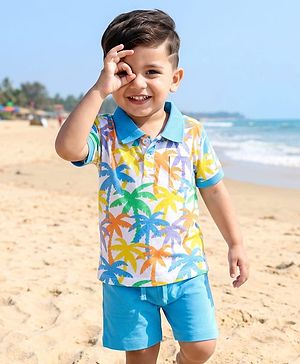 Babyhug 100% Cotton Knit Half Sleeves Tropical Theme Printed Polo T-Shirt & Short Set - Blue