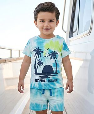 Babyhug Single Jersey Knit Half Sleeves Tie & Dye T-Shirt & Shorts Set with Tropical Theme Print - Light Blue