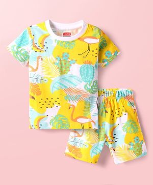 Babyhug Cotton Knit Half Sleeves Shorts Night Suit With Tropical Print - Multicolor