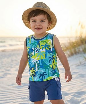 Babyhug Single Jersey Knit Sleeveless Tank T-Shirt & Shorts Set with Tropical Theme Print - Navy Blue