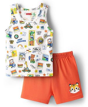 Babyhug 100% Cotton Single Jersey Knit Sleeveless Sando & Shorts Set With Vehicle & Animal Print - White & Orange
