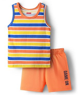 Babyhug 100% Cotton Single Jersey Knit Sleevelss Sando & Shorts Set With Stripes - Orange & Yellow