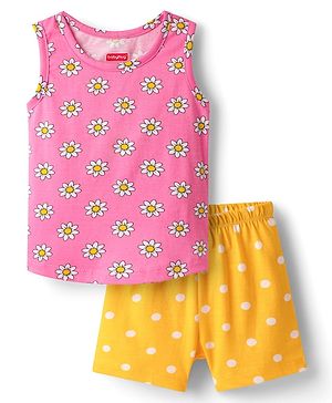 Babyhug 100% Cotton Single Jersey Knit Sando & Shorts Set With Floral & Polka Dots Print - Pink & Yellow