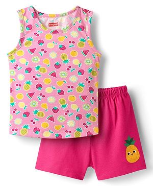 Babyhug 100% Cotton Single Jersey Knit Sando & Shorts Set With Fruit Print - Pink