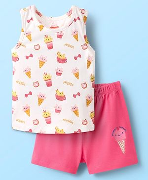 Babyhug 100% Cotton Knit Sleeveless Sando Vest & Shorts Set With Ice Cream Print - White & Pink