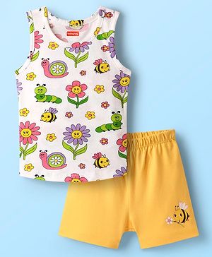 Babyhug 100% Cotton Single Jersey Knit Sando & Shorts Set With Floral Print - White & Yellow