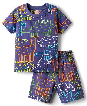 Babyhug Cotton Knit Half Sleeves Shorts Co-ord Night Suit With Dino Print - Purple