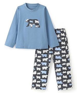 Funkrafts Premium Cotton Full Sleeves Polar Bear Patch Embroidered & Printed Coordinating Tee Pajama Set - Blue & Grey