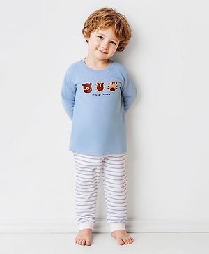 Bonfino 100% Cotton Knit Full Sleeves Night Suit with Animal Print & Stripes - Light Blue