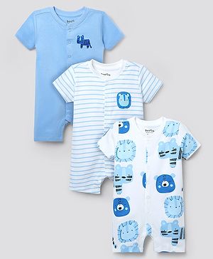 Bonfino 100% Cotton Knit Half Sleeves Front Open Animals Printed Rompers Pack Of 3 - White & Blue