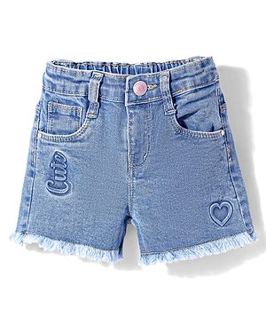 Babyhug Mid Thigh Washed Denim Shorts With Stretch & Text Print - Blue