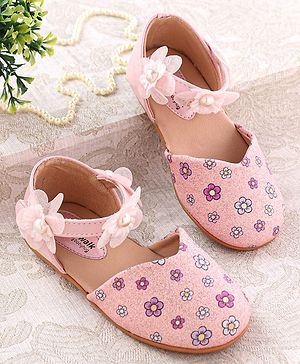 Cute Walk by Babyhug Velcro Closure Ballerina with Floral Applique - Pink