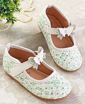 Cute Walk by Babyhug Ballerinas with Velcro Closure Heart Print & Bow Applique - Mint