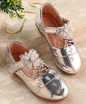 Cute Walk by Babyhug Mettalic Ballerina with Velcro Closure & Floral Applique - Silver