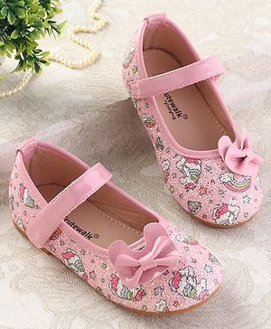 Cute Walk by Babyhug Velcro Closure Ballerinas with Glitter Unicorn Print & Bow Applique - Pink