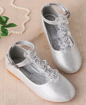 Cute Walk by Babyhug Clip Closure Ballerina with Floral Applique  - Silver