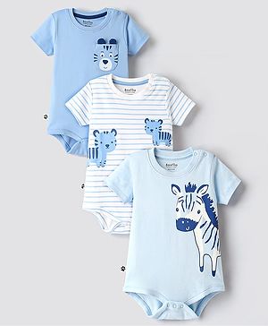 Bonfino 100% Cotton Half Sleeves Onesies With Animal Print Pack Of 3 - Light Blue White & Blue