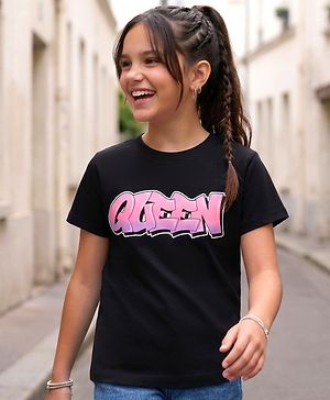 Pine Kids Cotton Knit Half Sleeves T-Shirt with Text Print - Black