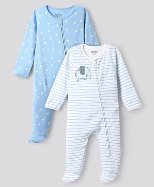Bonfino 100% Cotton Knit Full Sleeves Footed Striped Sleep Suits with Star & Elephant Print Pack of 2 - White & Light Blue