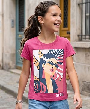 Pine Kids Cotton Knit Half Sleeves T-Shirt with Girl Print - Fuchsia