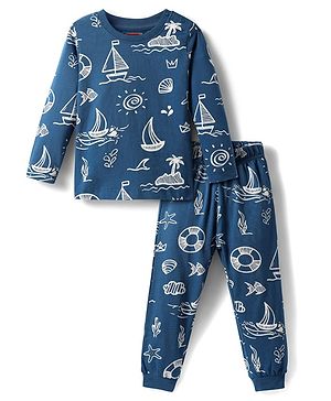 Babyhug Cotton Knit Full Sleeves Co-ords Night Suit with Nautical Theme Print - Navy Blue