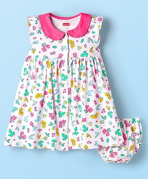 Babyhug Single Jersey Knit Frill Sleeves Peter Pan Collar & Front Open Frock With Bloomer Floral Print - White
