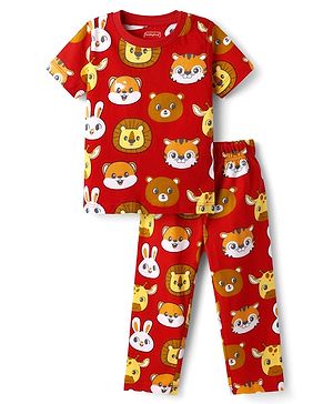Babyhug Cotton Knit Half Sleeves Co- Ord Night Suit with Animal Print - Rust Orange
