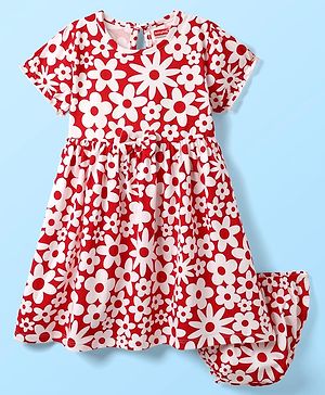 Babyhug Single Jersey Knit Half Sleeves Frock & Bloomers With Floral Print - Red