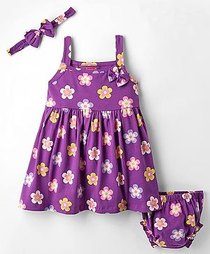 Babyhug Single Jersey Knit Sleeveless Floral Printed Frock With Bloomer & Headband - Purple