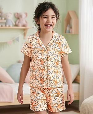 Pine Kids Single Jersey Knit Half Sleeves Co-ords Shorts Night Suit with Floral Print - Cream