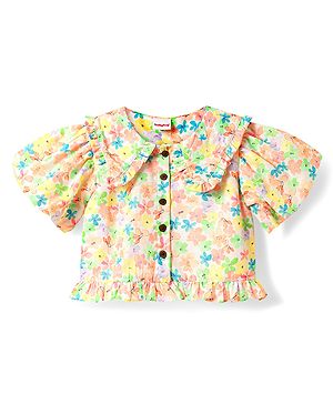 Babyhug Woven Puffed Sleeves Cropped Top with Floral Print - Cream