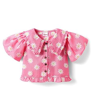 Babyhug Woven Half Sleeves Cropped Top With Floral Print & Frill Detail - Pink