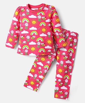 Babyhug Cotton Knit Full Sleeves Co-ords Night Suit with Rainbow Print - Dark Pink