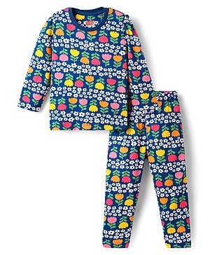 Babyhug Cotton Knit Full Sleeves Co-ord Night Suit With Floral Print - Navy Blue